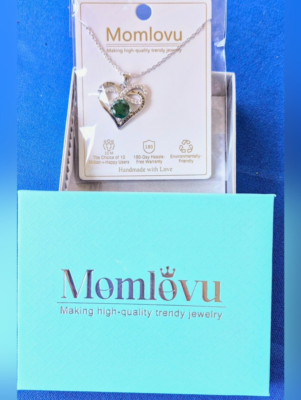 MOMLOVU 💎💚 Eternity Heart Necklace 💚💎 NEW & GIFT BOXED 🌟 Emerald & Silver